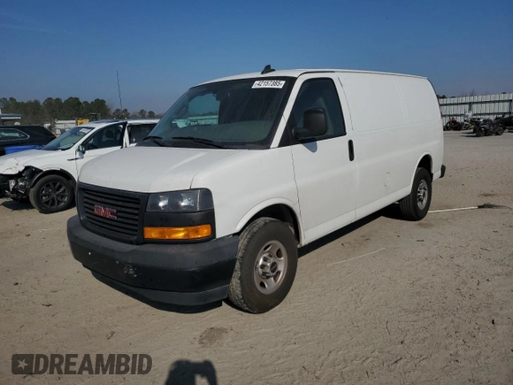 2019 GMC Savana Cargo Van with VIN 1GTW7AFP0K1301879, listed as a Copart auction lot 42157385 with 65,831 mi miles and Salvage Title. Bid and sale history available at carsss.com. Image 1.
