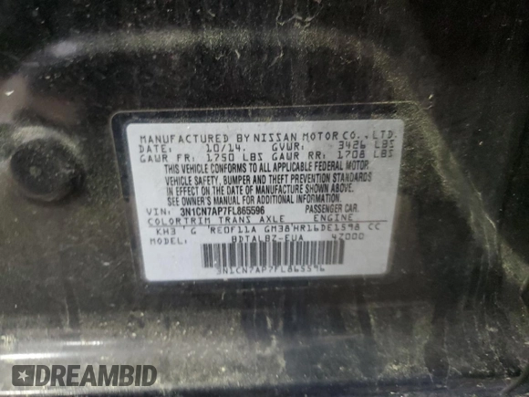 2015 Nissan Versa S Plus with VIN 3N1CN7AP7FL865596, listed as a Copart auction lot 52337845 with 115,048 mi miles and Salvage Title. Bid and sale history available at carsss.com. Image 12.
