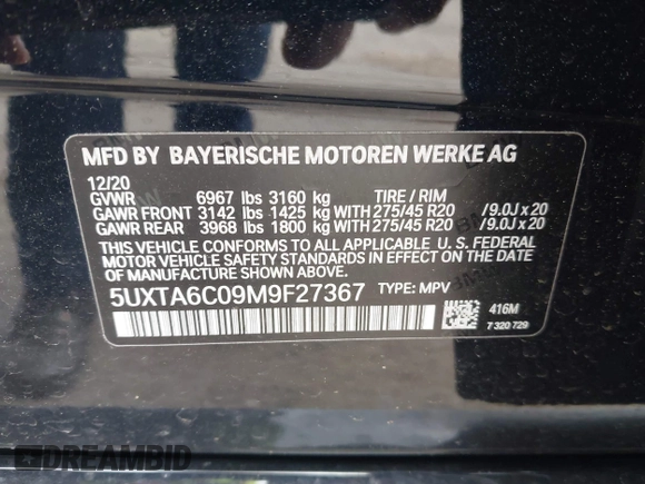 2021 BMW X5 xDrive45e with VIN 5UXTA6C09M9F27367, listed as a IAAI auction lot 42340309 with 52,881 mi miles and . Bid and sale history available at DreamBid. Image 9.