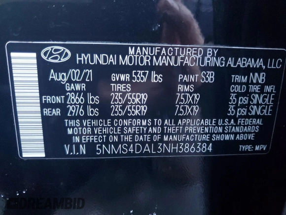 2022 Hyundai Santa Fe Limited with VIN 5NMS4DAL3NH386384, listed as a Copart auction lot 43608965 with 0 mi miles and Salvage Title. Bid and sale history available at carsss.com. Image 13.