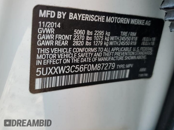 2015 BMW X4 xDrive28i with VIN 5UXXW3C56F0M87279, listed as a Copart auction lot 60426535 with 130,272 mi miles and Clean title. Bid and sale history available at DreamBid. Image 14.