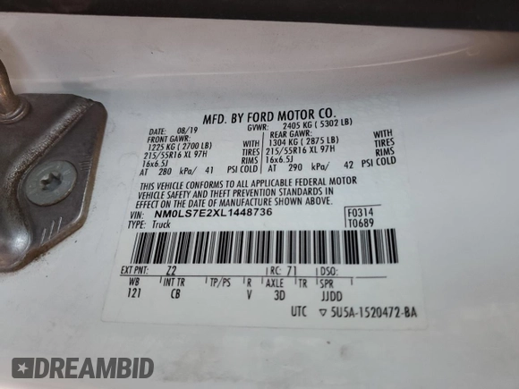 2020 Ford Transit Connect XL with VIN NM0LS7E2XL1448736, listed as a Copart auction lot 84111294 with 76,756 mi miles and Salvage title. Bid and sale history available at DreamBid. Image 13.
