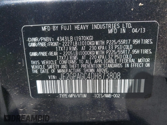 2013 Subaru Crosstrek Limited с VIN JF2GPAGC4DH873808, выставлен на аукционе IAAI как лот 42485302 с пробегом 83 279 миль миль и . История ставок и продаж доступна на DreamBid. Изображение 9.