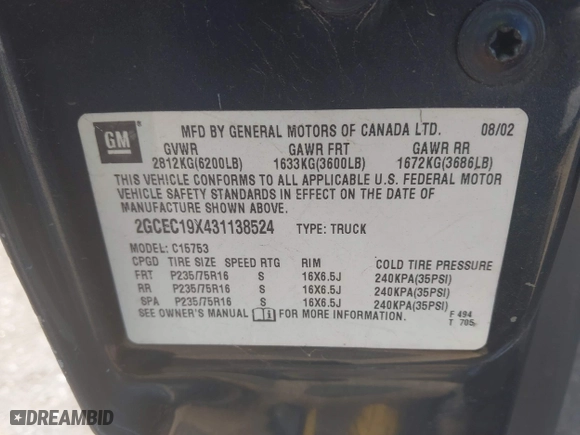 2003 Chevrolet Silverado 1500 LS with VIN 2GCEC19X431138524, listed as a IAAI auction lot 41729057 with 295,394 mi miles. Bid and sale history available at carsss.com. Image 9.