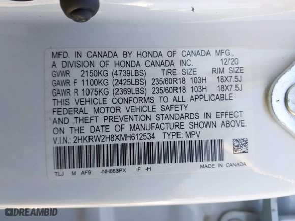 2021 Honda CR-V EX-L with VIN 2HKRW2H8XMH612534, listed as a IAAI auction lot 41770020 with 63,382 mi miles. Bid and sale history available at carsss.com. Image 9.