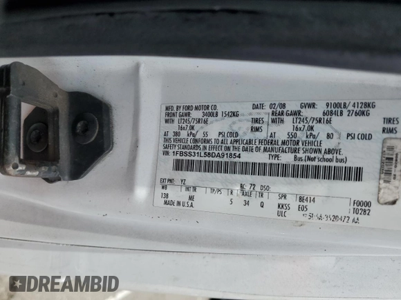 2008 Ford Econoline Passenger XL with VIN 1FBSS31L58DA91854, listed as a Copart auction lot 55474115 with 388,178 mi miles and Salvage title. Bid and sale history available at DreamBid. Image 13.