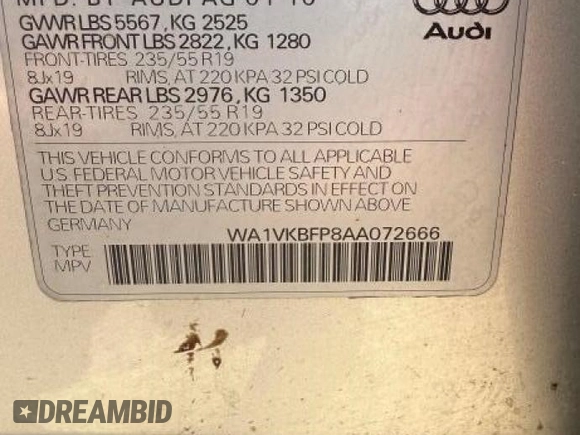 2010 Audi Q5 Prestige with VIN WA1VKBFP8AA072666, listed as a Copart auction lot 65821585 with 125,990 mi miles and Clean title. Bid and sale history available at DreamBid. Image 10.