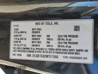 2022 Tesla Model 3 with VIN 5YJ3E1EA2NF317860, listed as a Copart auction lot 47372235 with 44,057 mi miles and Salvage Title. Bid and sale history available at DreamBid. Image 12.