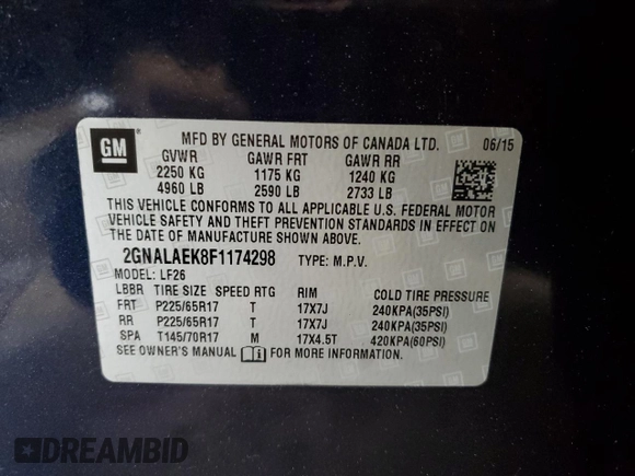 2015 Chevrolet Equinox LS with VIN 2GNALAEK8F1174298, listed as a Copart auction lot 49493035 with 151,250 mi miles and Clean Title. Bid and sale history available at carsss.com. Image 14.