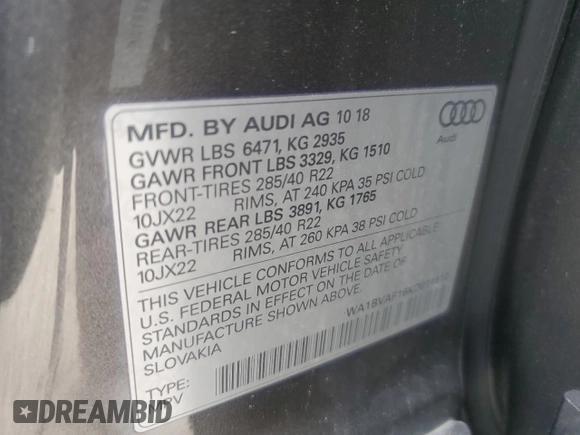 2019 Audi Q8 Premium Plus z VIN WA1BVAF16KD011512, wystawiony jako Copart lot #45419925 z przebiegiem 92 258 mil mil oraz Szkoda całkowita • Salvage title. Historia ofert i sprzedaży dostępna na DreamBid. Obrazek 12.