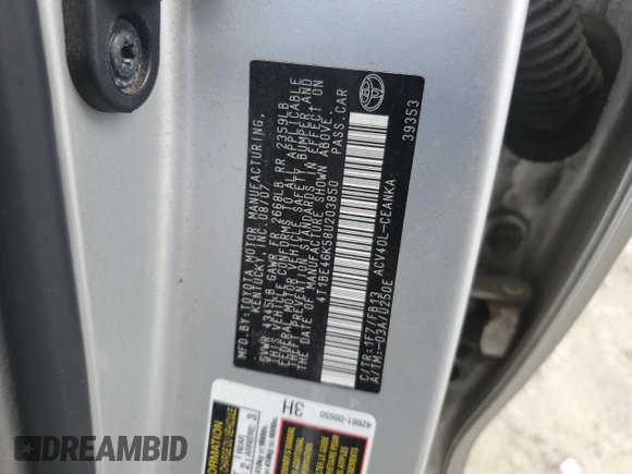 2008 Toyota Camry LE z VIN 4T1BE46K58U203850, wystawiony jako Copart lot #55837735 z przebiegiem 311 605 mil mil oraz Szkoda całkowita • Salvage title. Historia ofert i sprzedaży dostępna na DreamBid. Obrazek 12.