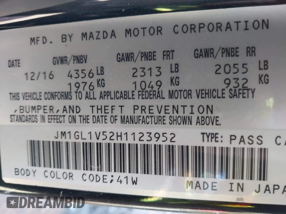 2017 Mazda Mazda6 Touring with VIN JM1GL1V52H1123952, listed as a IAAI auction lot 41453455 with 168,332 mi miles. Bid and sale history available at carsss.com. Image 9.