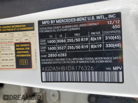 2013 Mercedes-Benz M ML 350 with VIN 4JGDA5HB1DA176326, listed as a Copart auction lot 50061515 with 159,857 mi miles and Salvage Title. Bid and sale history available at carsss.com. Image 13.