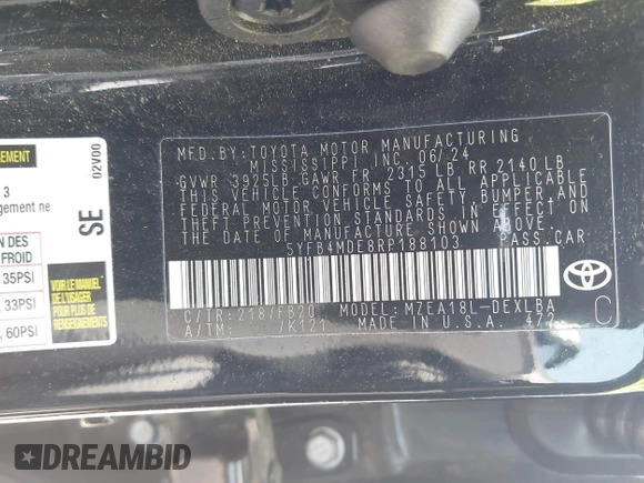 2024 Toyota Corolla LE with VIN 5YFB4MDE8RP188103, listed as a IAAI auction lot 42416138 with 20,474 mi miles and . Bid and sale history available at DreamBid. Image 9.