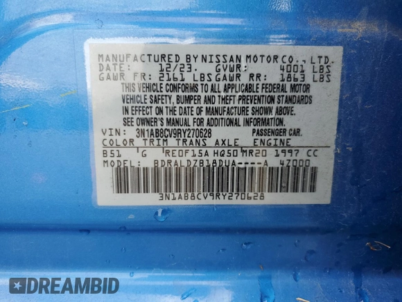2024 Nissan Sentra SV with VIN 3N1AB8CV9RY270628, listed as a Copart auction lot 54660855 with 23,209 mi miles and Salvage Title. Bid and sale history available at DreamBid. Image 13.
