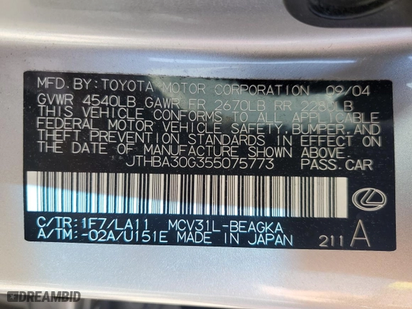 2005 Lexus ES 330 with VIN JTHBA30G355075773, listed as a Copart auction lot 49372695 with NaN miles and Salvage Title. Bid and sale history available at carsss.com. Image 12.