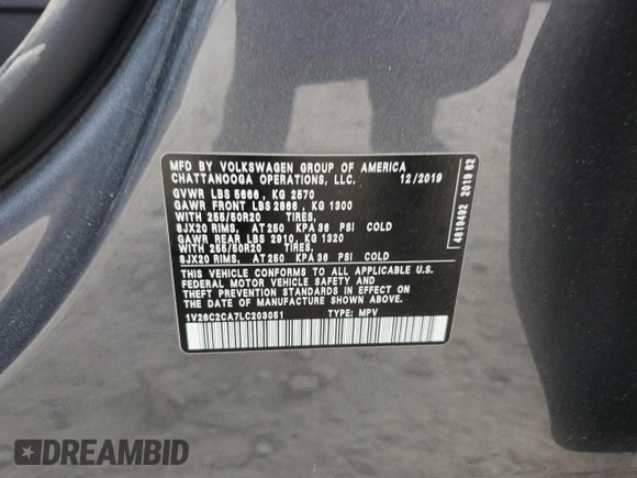 2020 Volkswagen Atlas SE with VIN 1V26C2CA7LC203051, listed as a Copart auction lot 62683655 with 57,454 mi miles and Non repairable. Bid and sale history available at DreamBid. Image 13.