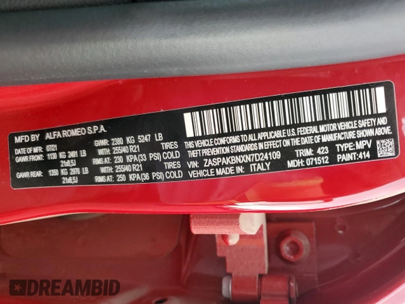 2022 Alfa Romeo Stelvio Veloce z VIN ZASPAKBNXN7D24109, wystawiony jako Copart lot #61717184 z przebiegiem 9 095 mil mil oraz Szkoda całkowita • Salvage title. Historia ofert i sprzedaży dostępna na DreamBid. Obrazek 12.