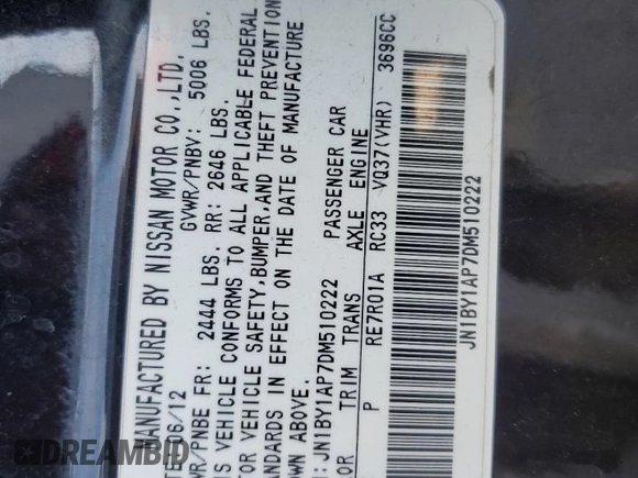 2013 Infiniti M37 with VIN JN1BY1AP7DM510222, listed as a Copart auction lot 69380494 with 113,487 mi miles and Salvage Title. Bid and sale history available at carsss.com. Image 12.