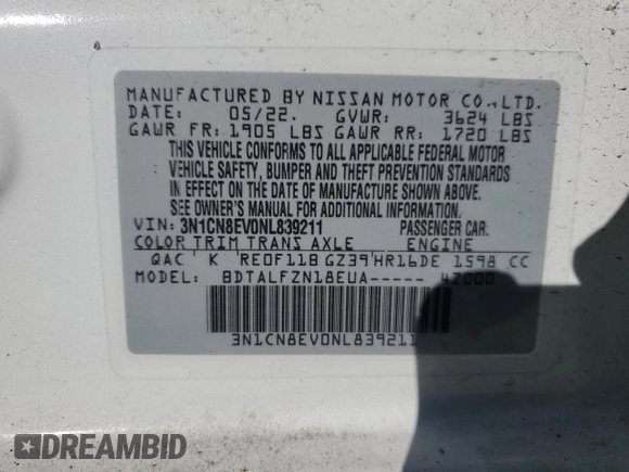 2022 Nissan Versa SV z VIN 3N1CN8EV0NL839211, wystawiony jako Copart lot #83053744 z przebiegiem 7 670 mil mil oraz Szkoda całkowita • Salvage title. Historia ofert i sprzedaży dostępna na DreamBid. Obrazek 12.