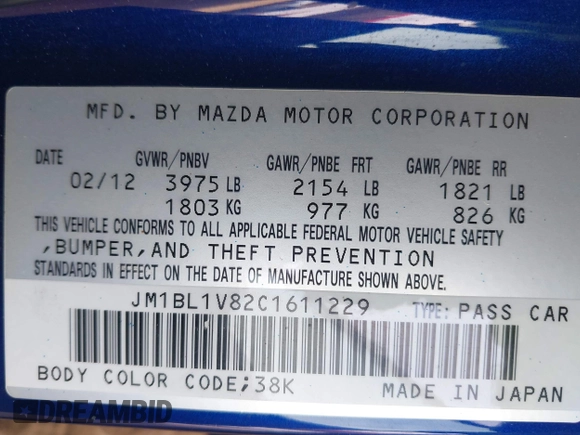 2012 Mazda Mazda3 i Touring with VIN JM1BL1V82C1611229, listed as a IAAI auction lot 41809234 with 124,929 mi miles. Bid and sale history available at carsss.com. Image 9.