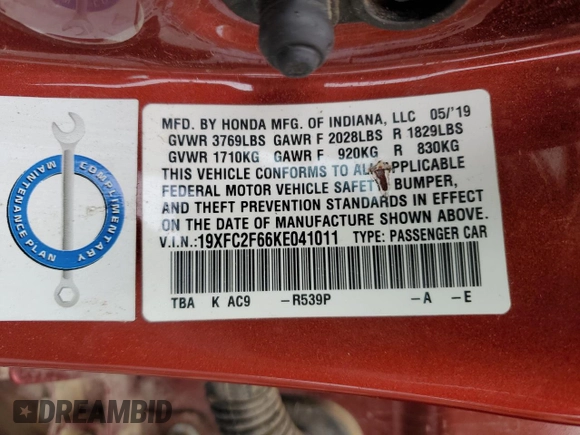 2019 Honda Civic LX with VIN 19XFC2F66KE041011, listed as a Copart auction lot 88009095 with 95,766 mi miles and Salvage Title. Bid and sale history available at DreamBid. Image 12.