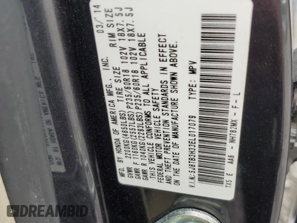 2014 Acura RDX with VIN 5J8TB3H33EL017079, listed as a Copart auction lot 64686204 with Not Provided miles and Salvage Title. Bid and sale history available at DreamBid. Image 16.