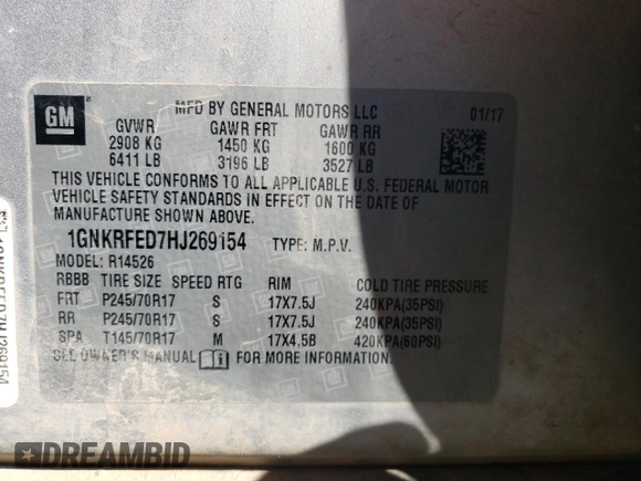 2017 Chevrolet Traverse LS with VIN 1GNKRFED7HJ269154, listed as a Copart auction lot 52735235 with Not Provided miles and Salvage Title. Bid and sale history available at carsss.com. Image 14.