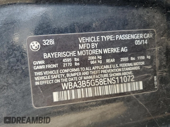 2014 BMW 3 Series 328i xDrive with VIN WBA3B5G58ENS11072, listed as a Copart auction lot 56572315 with 145,000 mi miles and Salvage title. Bid and sale history available at DreamBid. Image 12.