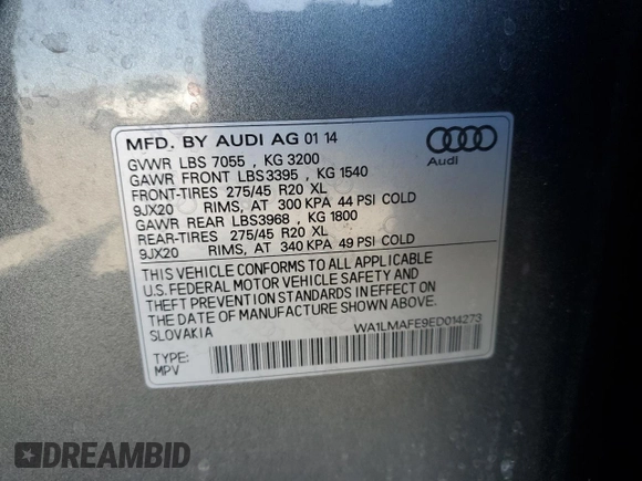 2014 Audi Q7 Premium Plus with VIN WA1LMAFE9ED014273, listed as a Copart auction lot 45994825 with Not provided miles and Salvage title. Bid and sale history available at DreamBid. Image 12.