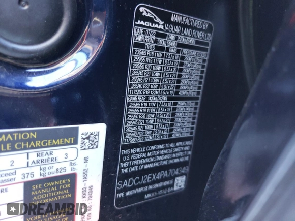 2023 Jaguar F-Pace S с VIN SADCJ2EX4PA704349, выставлен на аукционе Copart как лот 82361814 с пробегом 14 745 миль миль и Списание • Salvage title. История ставок и продаж доступна на DreamBid. Изображение 12.