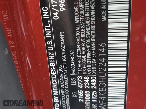 2017 Mercedes-Benz C 300 with VIN 55SWF4KB3HU224146, listed as a Copart auction lot 62603675 with 49,317 mi miles and Salvage title. Bid and sale history available at DreamBid. Image 13.