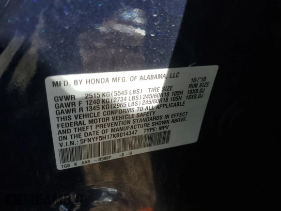 2019 Honda Pilot LX with VIN 5FNYF5H17KB014347, listed as a Copart auction lot 87772925 with 144,949 mi miles and Clean Title. Bid and sale history available at DreamBid. Image 14.