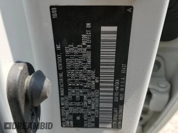 2009 Toyota Venza z VIN 4T3ZK11A59U019263, wystawiony jako Copart lot #59124655 z przebiegiem Nie podano mil oraz Szkoda całkowita • Salvage title. Historia ofert i sprzedaży dostępna na DreamBid. Obrazek 12.