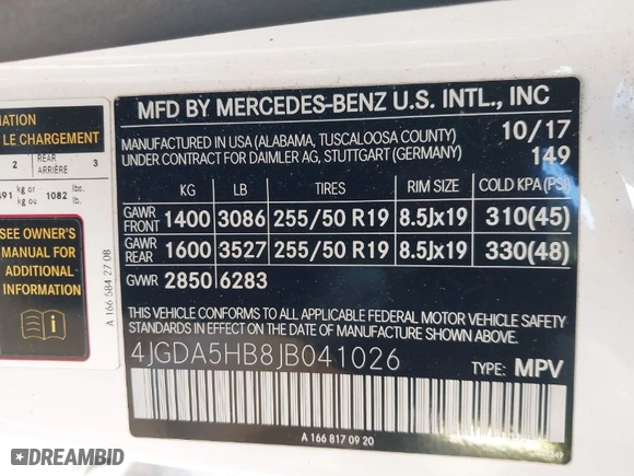 2018 Mercedes-Benz GLE with VIN 4JGDA5HB8JB041026, listed as a IAAI auction lot 41427715 with NaN miles. Bid and sale history available at carsss.com. Image 9.
