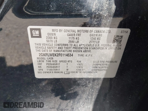 2015 GMC Terrain SLE с VIN 2GKFLWEK2F6114634, выставлен на аукционе IAAI как лот 42563968 с пробегом 195 484 миль миль и . История ставок и продаж доступна на DreamBid. Изображение 9.