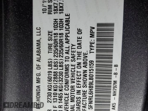 2020 Honda Odyssey Touring with VIN 5FNRL6H89LB015159, listed as a Copart auction lot 85996814 with 65,234 mi miles and Salvage Title. Bid and sale history available at DreamBid. Image 15.