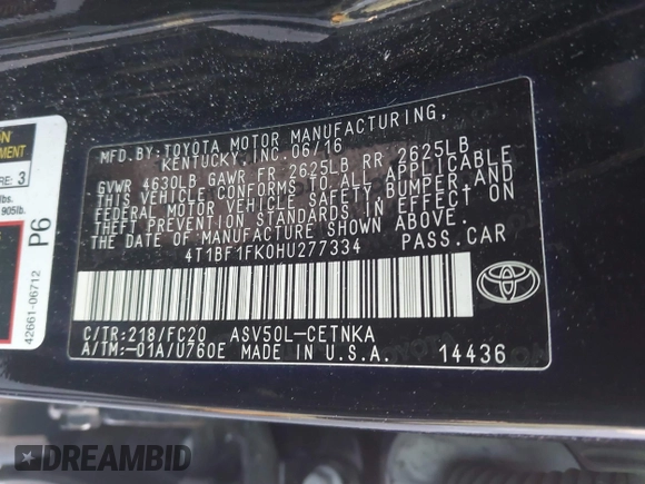 2017 Toyota Camry XLE z VIN 4T1BF1FK0HU277334, wystawiony jako IAAI lot #42312610 z przebiegiem 116 948 mil mil oraz . Historia ofert i sprzedaży dostępna na DreamBid. Obrazek 9.