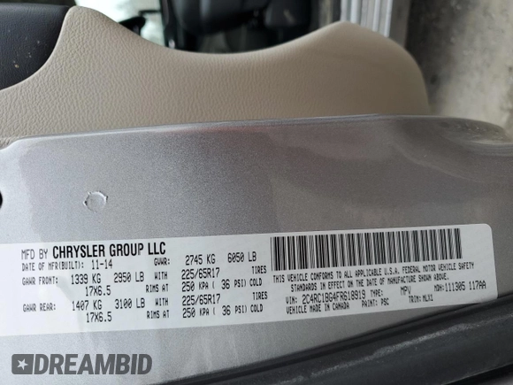 2015 Chrysler Town & Country Touring with VIN 2C4RC1BG4FR618919, listed as a Copart auction lot 48545904 with 93,308 mi miles and Salvage Title. Bid and sale history available at DreamBid. Image 14.