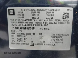 2015 Chevrolet Equinox LS z VIN 2GNALAEK7F6215474, wystawiony jako IAAI lot #42257375 z przebiegiem 227 608 mil mil oraz . Historia ofert i sprzedaży dostępna na DreamBid. Obrazek 9.
