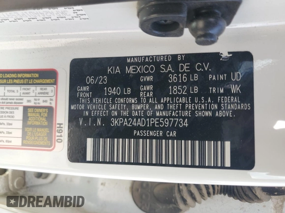 2023 Kia Rio S z VIN 3KPA24AD1PE597734, wystawiony jako Copart lot #49138195 z przebiegiem 11 796 mil mil oraz Szkoda całkowita • Salvage title. Historia ofert i sprzedaży dostępna na DreamBid. Obrazek 14.