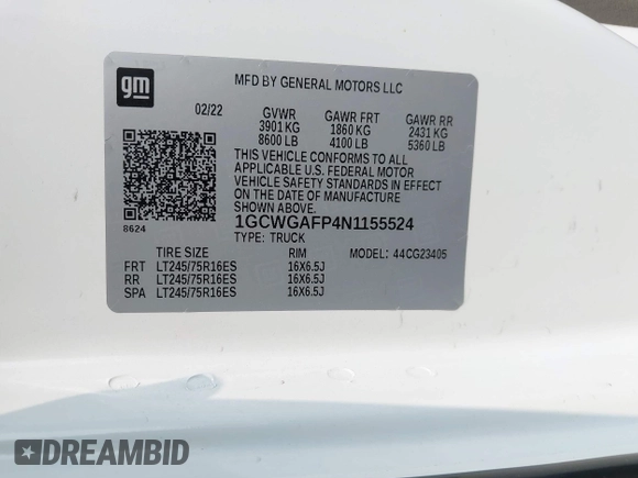 2022 Chevrolet Express Cargo with VIN 1GCWGAFP4N1155524, listed as a IAAI auction lot 42389470 with 33,655 mi miles and . Bid and sale history available at DreamBid. Image 9.