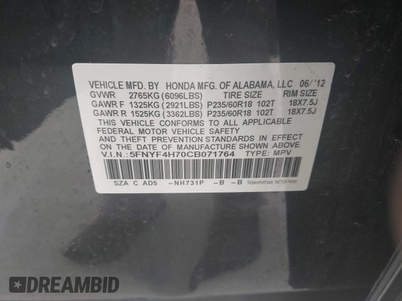 2012 Honda Pilot EX-L with VIN 5FNYF4H70CB071764, listed as a IAAI auction lot 41940032 with 111,963 mi miles and . Bid and sale history available at DreamBid. Image 9.