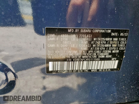 2024 Subaru Outback Touring with VIN 4S4BTAPCXR3111569, listed as a Copart auction lot 57133135 with Not provided miles and Salvage title. Bid and sale history available at DreamBid. Image 12.