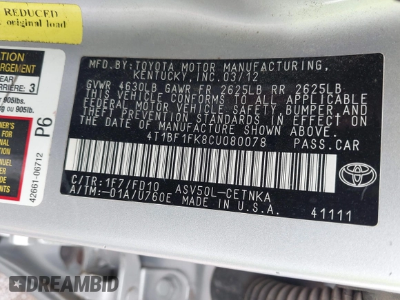 2012 Toyota Camry L with VIN 4T1BF1FK8CU080078, listed as a IAAI auction lot 42084382 with 165,894 mi miles and . Bid and sale history available at carsss.com. Image 9.