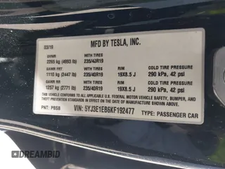 2019 Tesla Model 3 Long Range with VIN 5YJ3E1EB6KF192477, listed as a IAAI auction lot 41981600 with 62,888 mi miles. Bid and sale history available at carsss.com. Image 9.