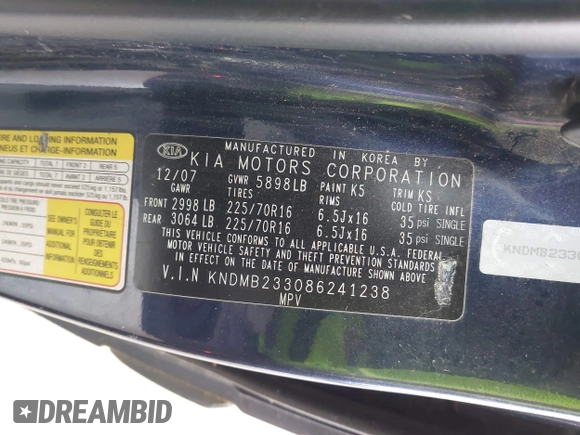 2008 Kia Sedona LX with VIN KNDMB233086241238, listed as a IAAI auction lot 41914654 with 98,622 mi miles. Bid and sale history available at carsss.com. Image 9.