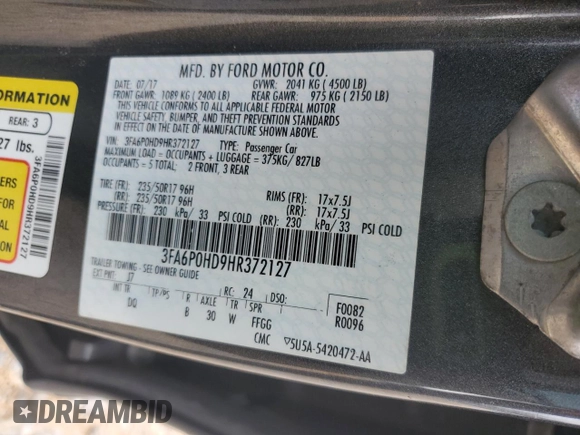 2017 Ford Fusion SE with VIN 3FA6P0HD9HR372127, listed as a Copart auction lot 47833945 with 137,469 mi miles and Salvage Title. Bid and sale history available at carsss.com. Image 14.