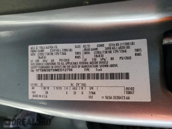 2021 Ford F-350 XL with VIN 1FT8W3BT9MED12756, listed as a Copart auction lot 48030885 with 84,864 mi miles and Salvage Title. Bid and sale history available at DreamBid. Image 12.
