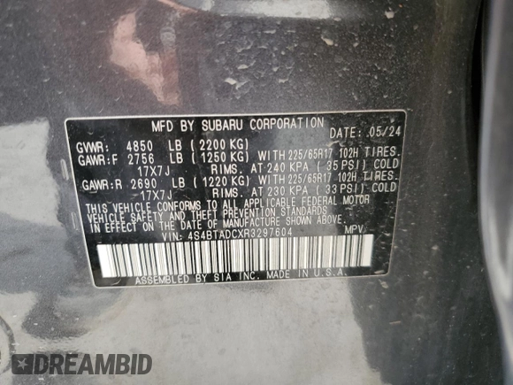 2024 Subaru Outback Premium с VIN 4S4BTADCXR3297604, выставлен на аукционе Copart как лот 53678345 с пробегом 14 714 миль миль и Списание • Salvage title. История ставок и продаж доступна на DreamBid. Изображение 14.